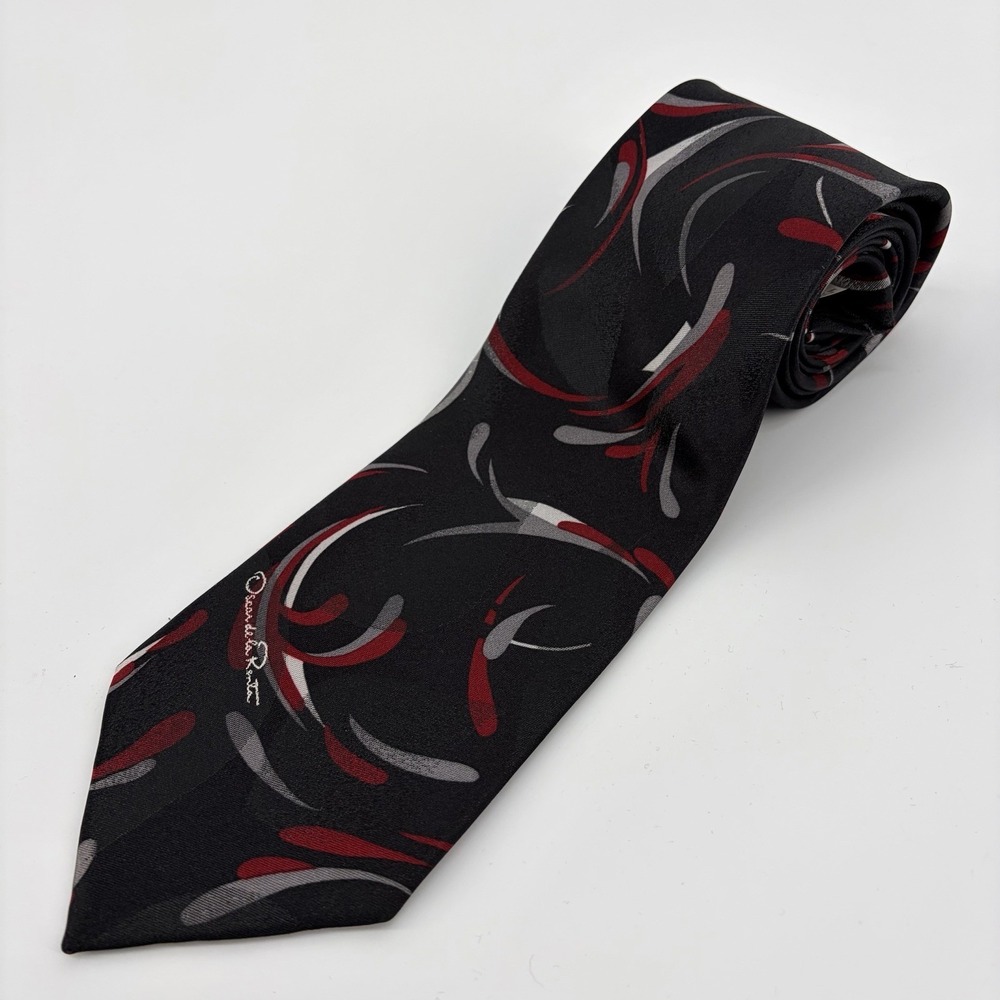 OSCAR DE LA RENTA MENS TIE Black Gray Red 4 X 57 Silk Poly Blend Luxury Artsy